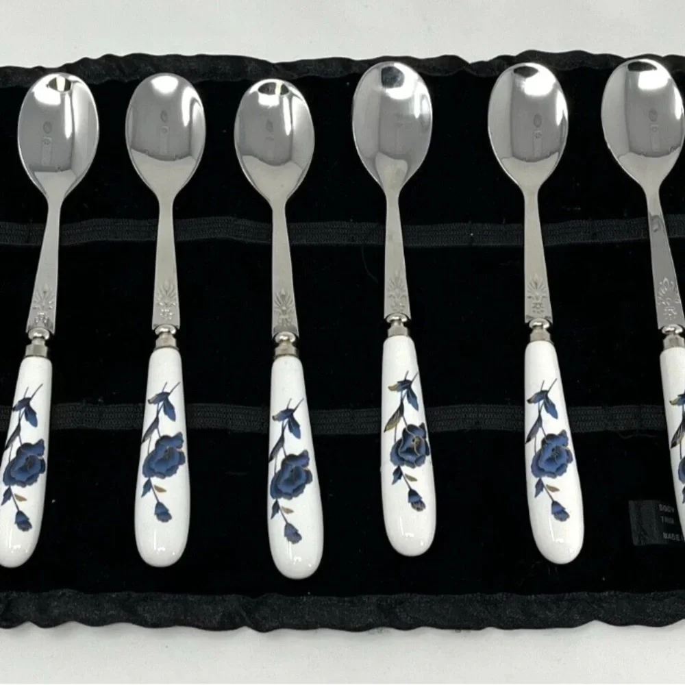 Vintage Blue and White Peony Demitasse Spoon Set w Velvet Case - Picture 1 of 5